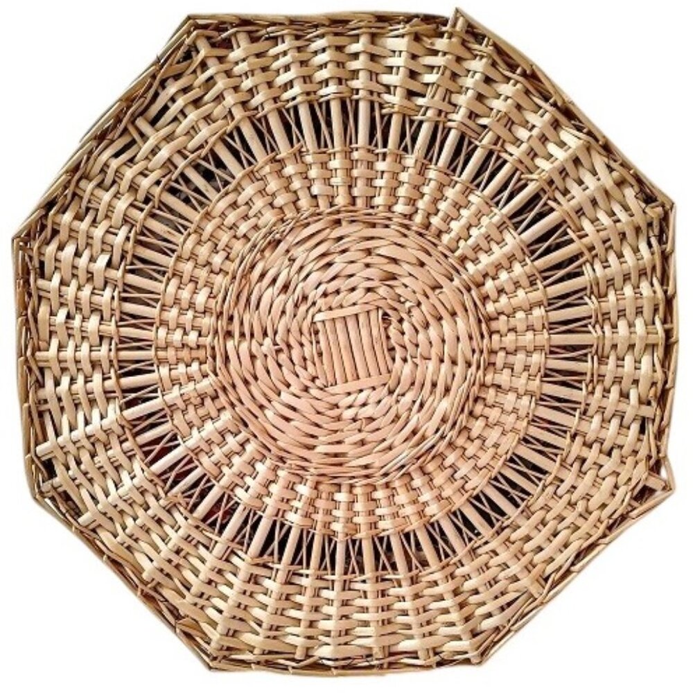 Vintage Octagon Shape Wicker Woven Lined Basket With Removable Lid